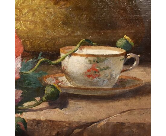 DIPINTI ANTICHI DI FIORI, NATURE MORTE CON MALVAROSE E HIBISCUS, OLIO SU TELA, DELL 800. (QF648)