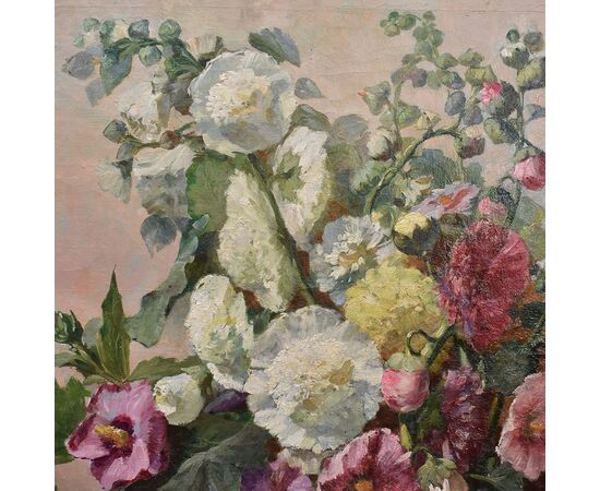 DIPINTI ANTICHI DI FIORI, NATURE MORTE CON MALVAROSE E HIBISCUS, OLIO SU TELA, DELL 800. (QF648)
