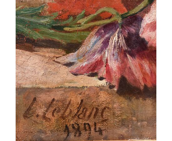 DIPINTI ANTICHI DI FIORI, NATURE MORTE CON MALVAROSE E HIBISCUS, OLIO SU TELA, DELL 800. (QF648)
