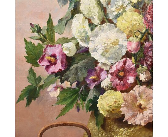 DIPINTI ANTICHI DI FIORI, NATURE MORTE CON MALVAROSE E HIBISCUS, OLIO SU TELA, DELL 800. (QF648)
