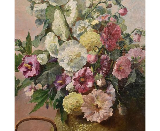 DIPINTI ANTICHI DI FIORI, NATURE MORTE CON MALVAROSE E HIBISCUS, OLIO SU TELA, DELL 800. (QF648)