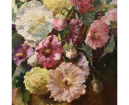 DIPINTI ANTICHI DI FIORI, NATURE MORTE CON MALVAROSE E HIBISCUS, OLIO SU TELA, DELL 800. (QF648)