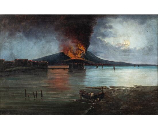 Pittore italiano (XIX sec.) - Golfo di Napoli col Vesuvio in eruzione.