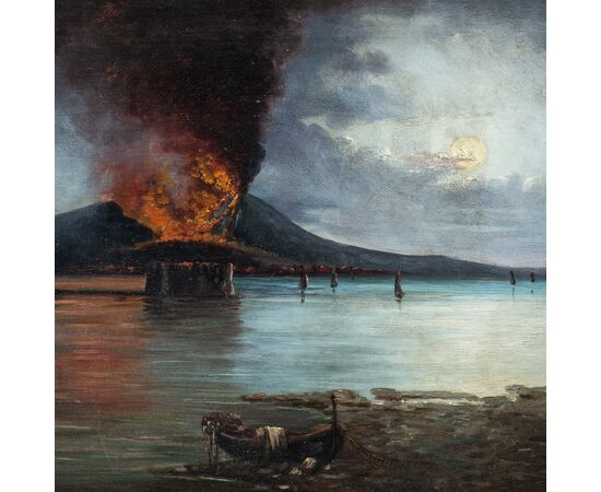 Pittore italiano (XIX sec.) - Golfo di Napoli col Vesuvio in eruzione.