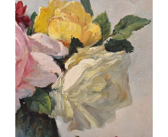 DIPINTI ANTICHI DI FIORI, VASO DI ROSE, PITTURA  AD OLIO SU TELA, INIZIO 900. (QF639)