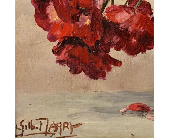 DIPINTI ANTICHI DI FIORI, VASO DI ROSE, PITTURA  AD OLIO SU TELA, INIZIO 900. (QF639)