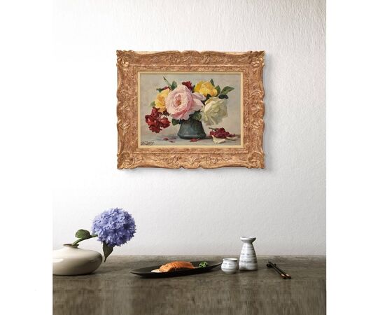 DIPINTI ANTICHI DI FIORI, VASO DI ROSE, PITTURA  AD OLIO SU TELA, INIZIO 900. (QF639)