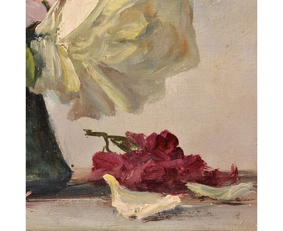 DIPINTI ANTICHI DI FIORI, VASO DI ROSE, PITTURA  AD OLIO SU TELA, INIZIO 900. (QF639)