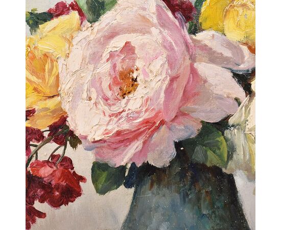 DIPINTI ANTICHI DI FIORI, VASO DI ROSE, PITTURA  AD OLIO SU TELA, INIZIO 900. (QF639)