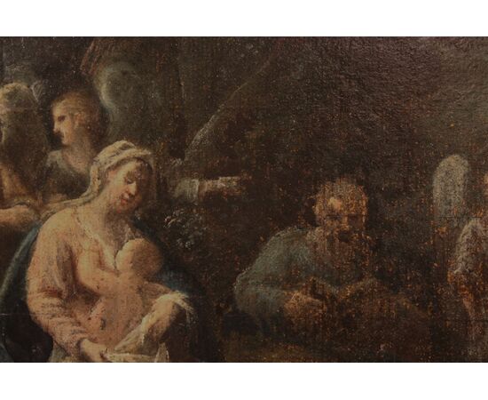 Riposo della Sacra Famiglia. | Dipinto olio su cartone, fine XVIII inizi XIX secolo