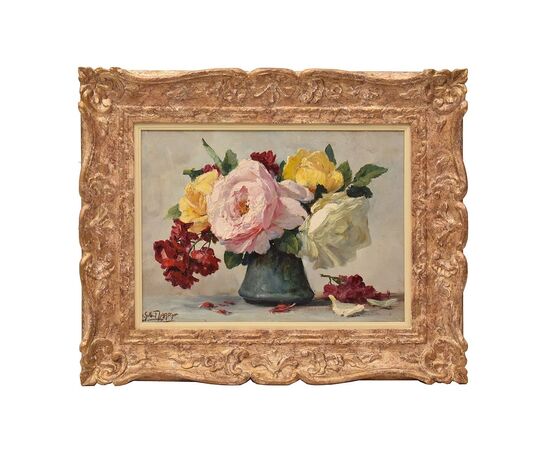 DIPINTI ANTICHI DI FIORI, VASO DI ROSE, PITTURA  AD OLIO SU TELA, INIZIO 900. (QF639)