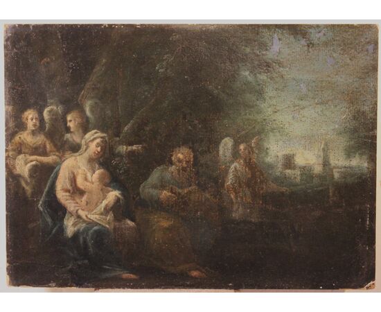 Riposo della Sacra Famiglia. | Dipinto olio su cartone, fine XVIII inizi XIX secolo
