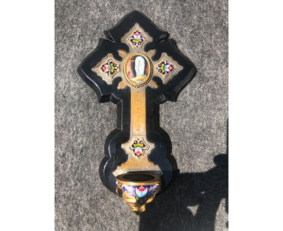 Blackboard stone stoup with bronze cross and enamels with the figure of Our Lady of Lourdes. France.     