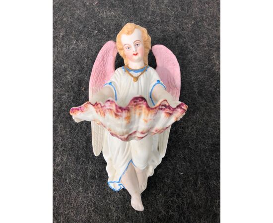 Holy water stoup in bisque porcelain with Angel and shell cup. France.     