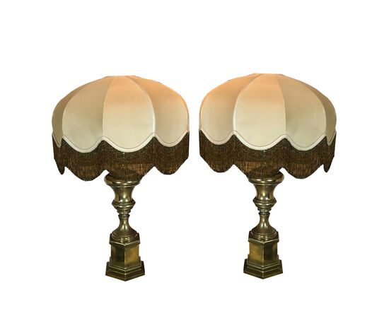 Pair of brass table lamps with original vintage 1950s lampshades     