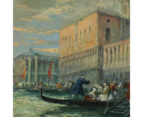 Pittore veneziano (fine XIX sec.) - Venezia, veduta della Riva degli Schiavoni con maschere di carnevale.