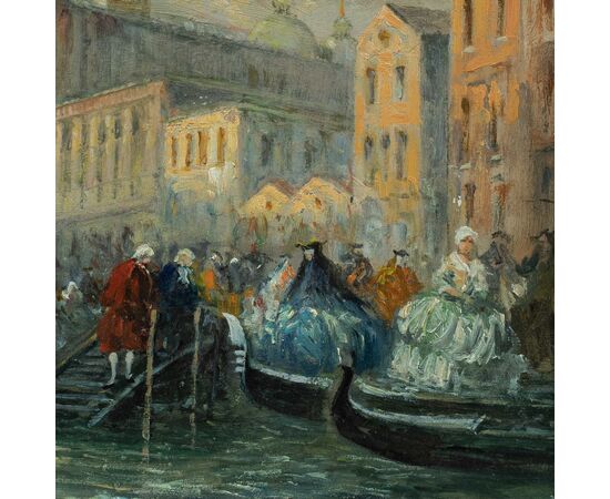 Pittore veneziano (fine XIX sec.) - Venezia, veduta della Riva degli Schiavoni con maschere di carnevale.