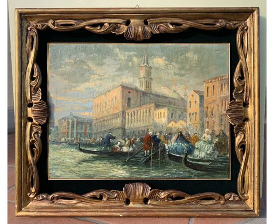 Pittore veneziano (fine XIX sec.) - Venezia, veduta della Riva degli Schiavoni con maschere di carnevale.