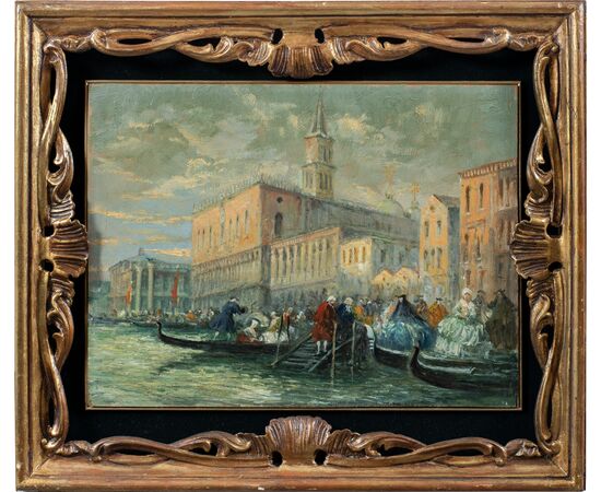 Pittore veneziano (fine XIX sec.) - Venezia, veduta della Riva degli Schiavoni con maschere di carnevale.
