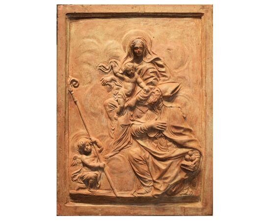 Cerchia di B. Mazzuoli - XVII-XVIII secolo - Madonna con Bambino, San Nicola da Bari e angioletto  Terracotta 