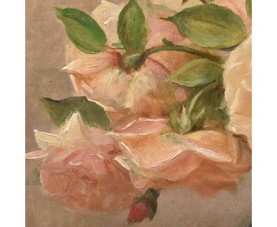 Quadri Antichi, Natura Morta, Vaso Di Fiori Di Rose, Epoca Novecento, Art Deco. (QF640)