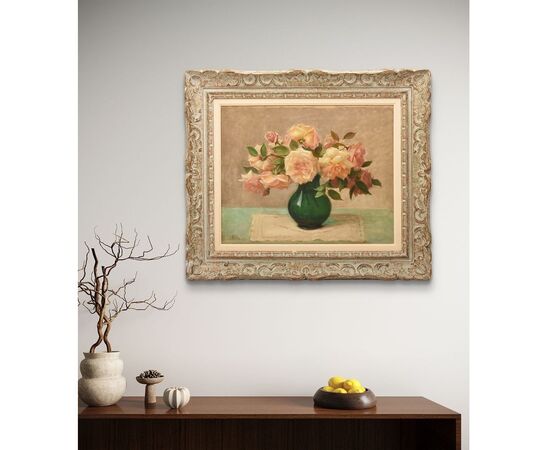 Quadri Antichi, Natura Morta, Vaso Di Fiori Di Rose, Epoca Novecento, Art Deco. (QF640)