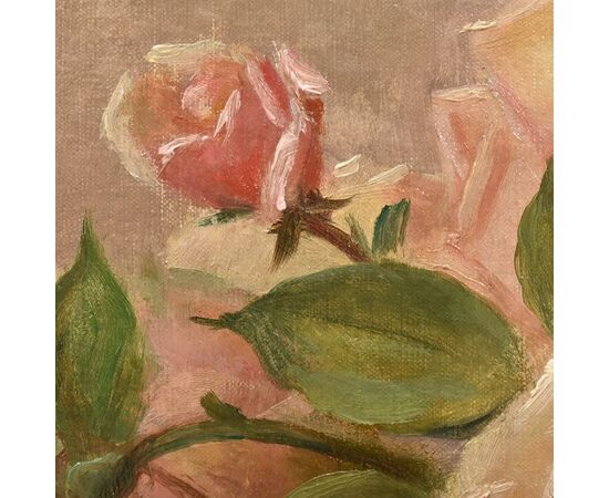 Quadri Antichi, Natura Morta, Vaso Di Fiori Di Rose, Epoca Novecento, Art Deco. (QF640)