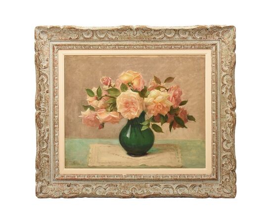 Quadri Antichi, Natura Morta, Vaso Di Fiori Di Rose, Epoca Novecento, Art Deco. (QF640)