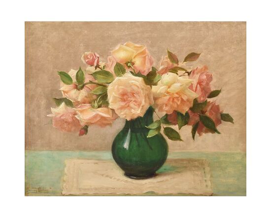 Quadri Antichi, Natura Morta, Vaso Di Fiori Di Rose, Epoca Novecento, Art Deco. (QF640)