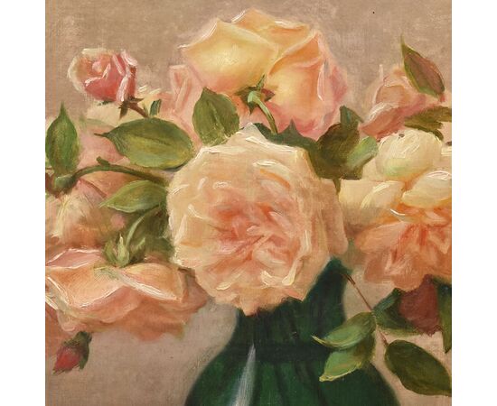 Quadri Antichi, Natura Morta, Vaso Di Fiori Di Rose, Epoca Novecento, Art Deco. (QF640)