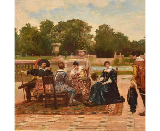 QUADRI ANTICHI, FILIPPO BARATTI, RITRATTI CON PERSONE ELEGANTI, OLIO SU TELA, XIX. (QR644)   