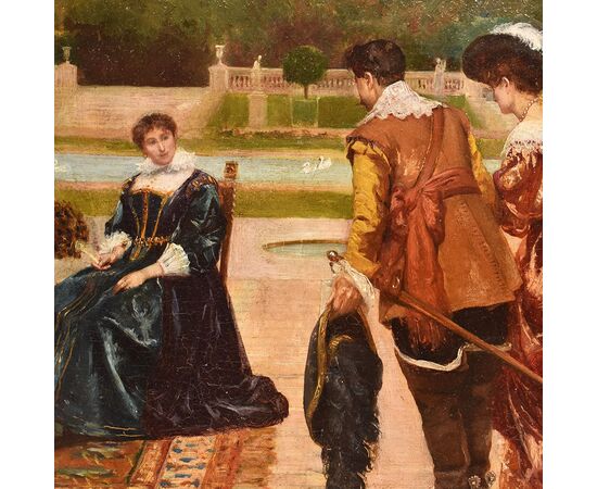 QUADRI ANTICHI, FILIPPO BARATTI, RITRATTI CON PERSONE ELEGANTI, OLIO SU TELA, XIX. (QR644)   