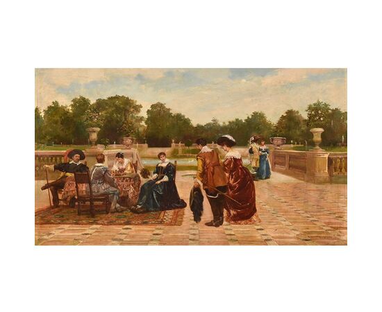QUADRI ANTICHI, FILIPPO BARATTI, RITRATTI CON PERSONE ELEGANTI, OLIO SU TELA, XIX. (QR644)   