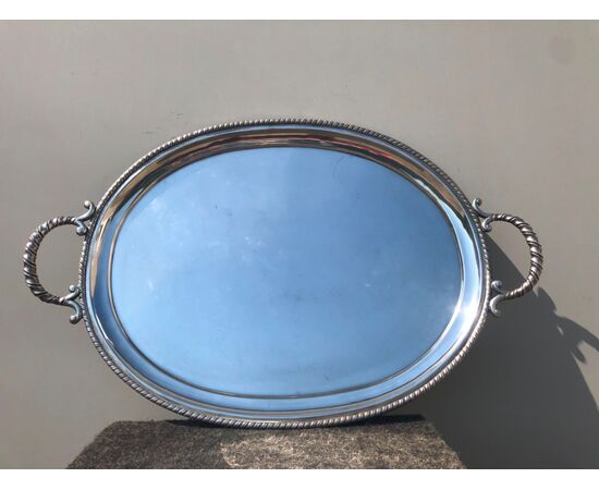 Silver tray with handles and tourchon border.Italy.     