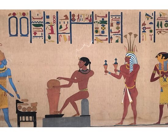 Dipinto su tela di lino a soggetto ANTICO EGITTO (geroglifici, figure di dignitari) primo '900