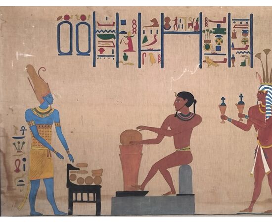 Dipinto su tela di lino a soggetto ANTICO EGITTO (geroglifici, figure di dignitari) primo '900