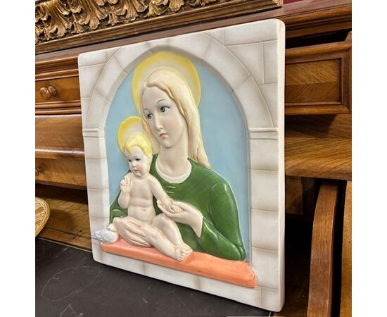 Antica placca vergine e bambino Lenci -Torino 1935 Abele Jacopi  ceramica policroma mis 34 x 31