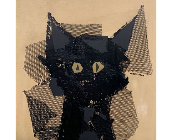 ARMANDO TESTA, Gatto nero, serigrafia su legno, firmata, 1960