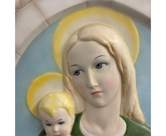 Antica placca vergine e bambino Lenci -Torino 1935 Abele Jacopi  ceramica policroma mis 34 x 31