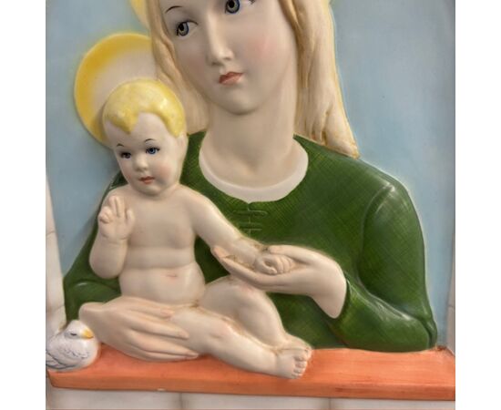 Antica placca vergine e bambino Lenci -Torino 1935 Abele Jacopi  ceramica policroma mis 34 x 31