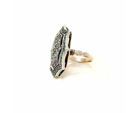 Anello oro e argento con smeraldi rubini e diamanti