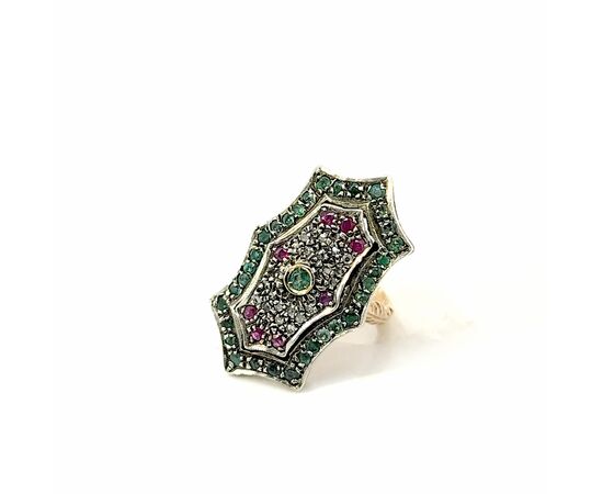 Anello oro e argento con smeraldi rubini e diamanti