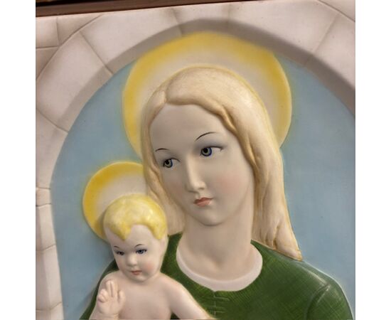 Antica placca vergine e bambino Lenci -Torino 1935 Abele Jacopi  ceramica policroma mis 34 x 31