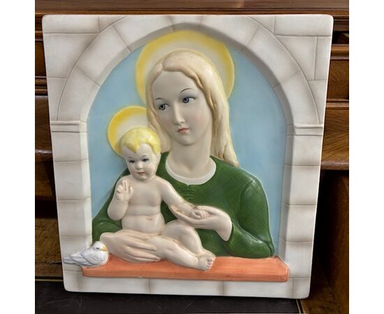 Antica placca vergine e bambino Lenci -Torino 1935 Abele Jacopi  ceramica policroma mis 34 x 31
