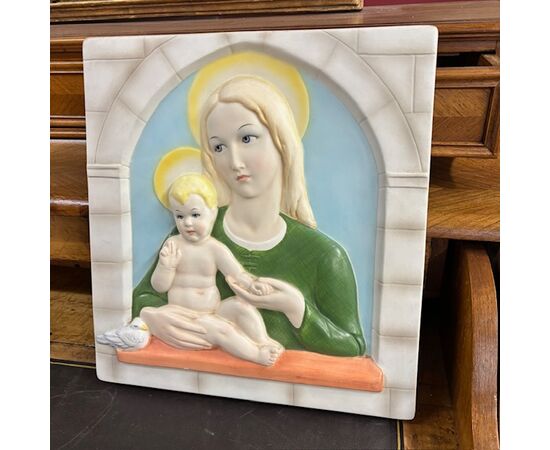 Antica placca vergine e bambino Lenci -Torino 1935 Abele Jacopi  ceramica policroma mis 34 x 31