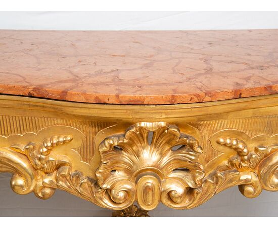 Consolle antica Luigi Filippo Napoletana in legno dorato e intagliato con piano in marmo rosso. Periodo XIX secolo.