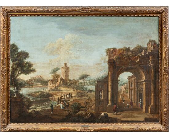 Francesco Battaglioli (Modena 1710 ca. - Venezia post 1796) - Capriccio architettonico con personaggi.