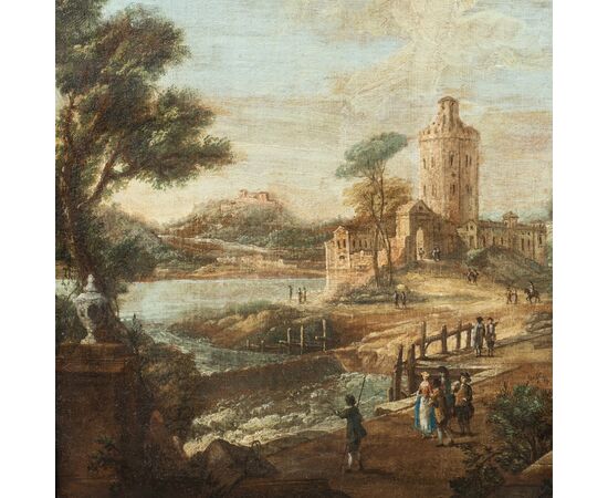 Francesco Battaglioli (Modena 1710 ca. - Venezia post 1796) - Capriccio architettonico con personaggi.