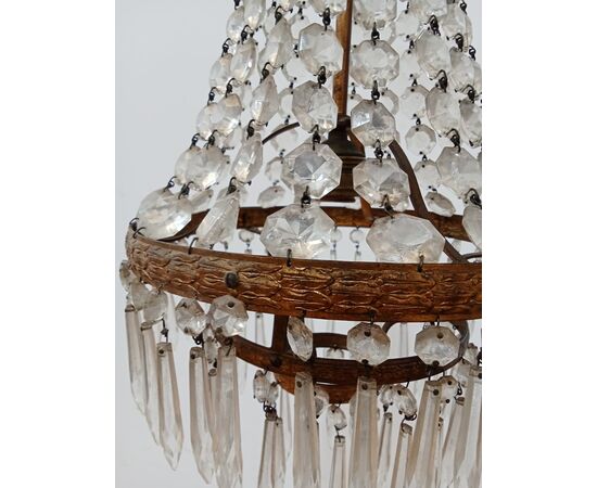 Lampadario stile Impero - mongolfiera con cristalli in vetro ed ottone -metà 900