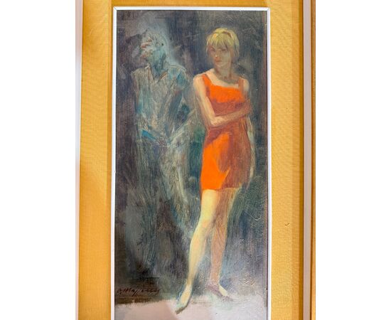 Dipinto olio su tela Mazzonis Ottavio, Torino, anni '70, 44x21cm
